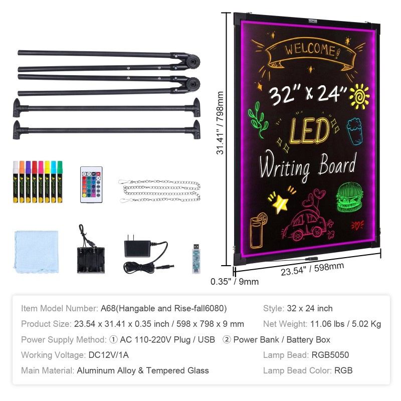 LED-viestitaulu karkaistulla lasilla alumiinirunko 59,8x79,8 cm ripustettava ylös alas säädettävä
