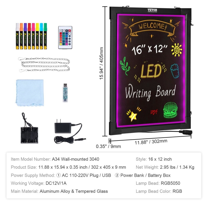 LED-viestitaulu karkaistu lasipinta 30 x 40 cm pyyhittävä monivärinen valaistus seinäkiinnitys