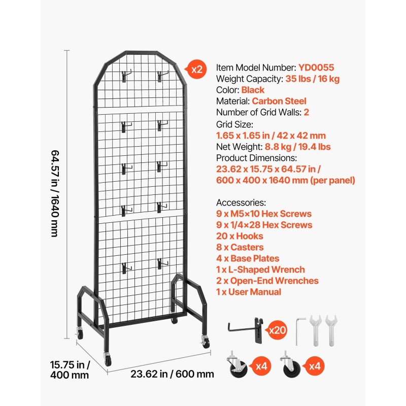 Siirrettävät verkkoseinäpaneelit 2 kpl hiiliteräs 600×1640 mm musta pyörillä 20 koukkua