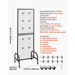 Ritiläseinäpaneeli hiiliteräs 600 x 1640 mm 2 kpl musta pyörillä 10 koukkua