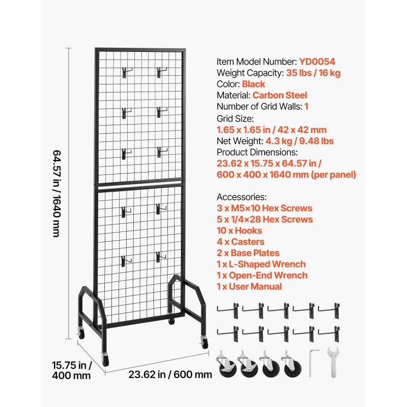 Ritiläseinäpaneeli hiiliteräs 600 x 1640 mm 2 kpl musta pyörillä 10 koukkua