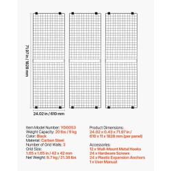 Ritiläpaneelit 3 kpl musta hiiliteräs 610x1828 mm 42 mm ruudukko seinäkiinnitys
