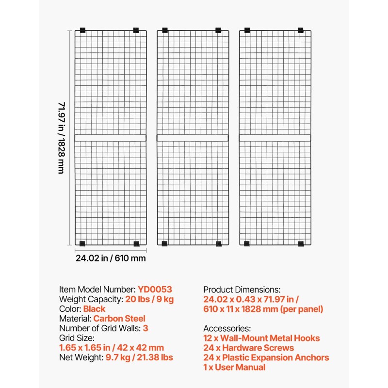 Ritiläpaneelit 3 kpl musta hiiliteräs 610x1828 mm 42 mm ruudukko seinäkiinnitys