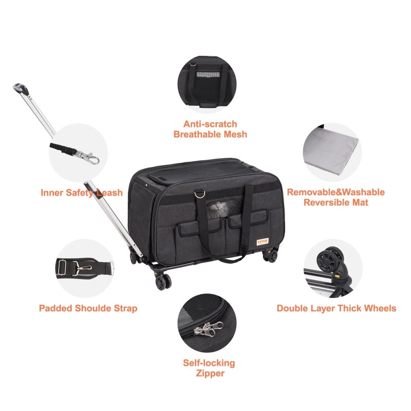 Lemmikkikuljetuslaukku pyörillä musta 600D Oxford-kangas teleskooppikahvalla olkahihnalla taitettava kulho enintään 15,8 kg