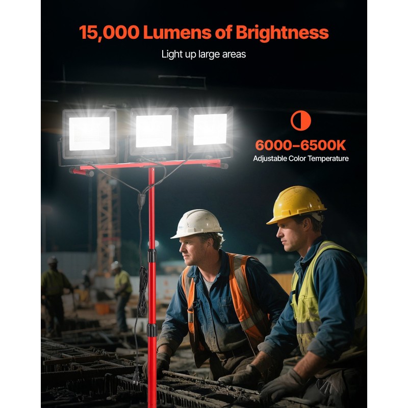 LED-työvalo kolmipäinen jalustalla 15000 lumenia 6000–6500K IP65 3,3 m virtajohto