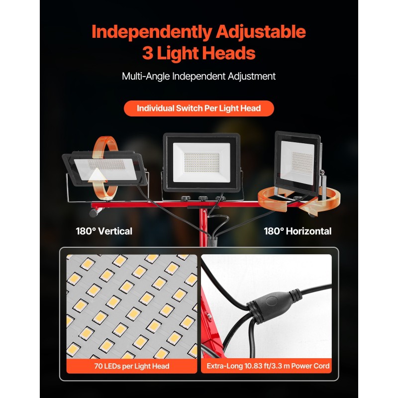 LED-työvalo kolmipäinen jalustalla 15000 lumenia 6000–6500K IP65 3,3 m virtajohto