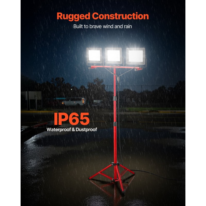 LED-työvalo kolmipäinen jalustalla 15000 lumenia 6000–6500K IP65 3,3 m virtajohto