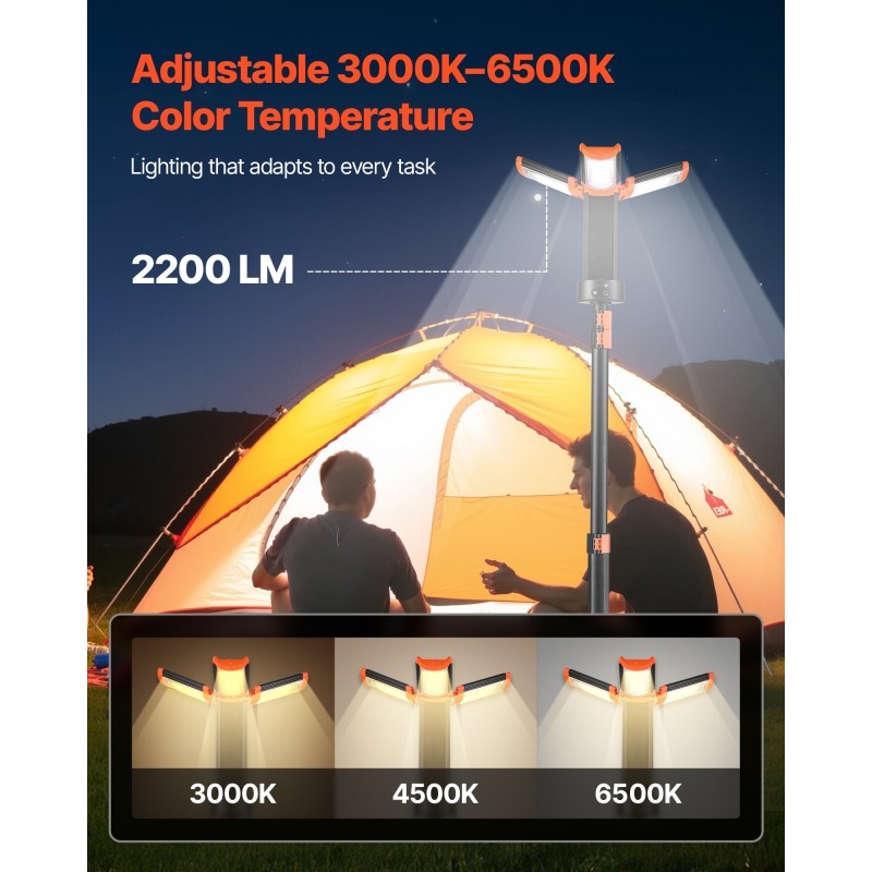 LED-työvalo jalustalla 3 irrotettavaa lampun päätä 2200lm 3000–6500K 13,2Ah akku IP65