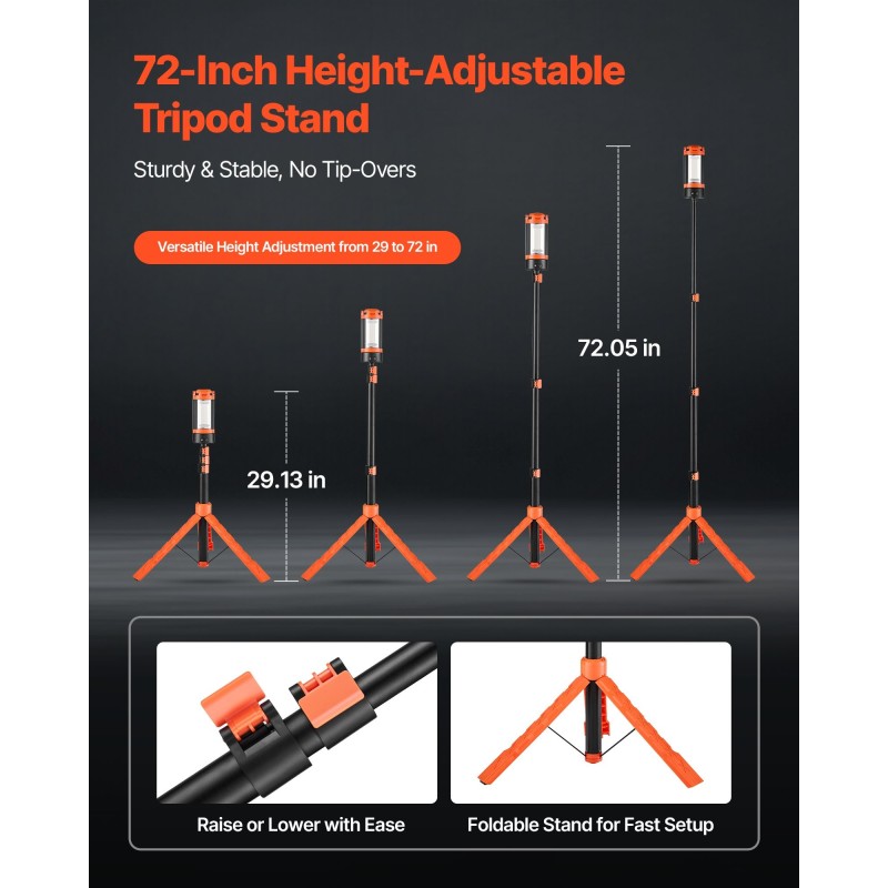 LED-työvalo korkeussäädettävällä kolmijalkajalustalla 3 irrotettavaa lamppupäätä 6 Ah akku