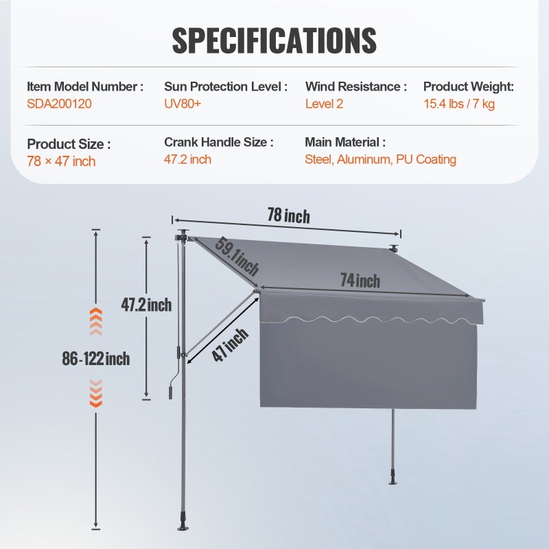 Manuaalinen sisäänvedettävä terassimarkiisi 78 x 47 tuumaa 39 tuuman aurinkosuojaverho ulkokäyttöön