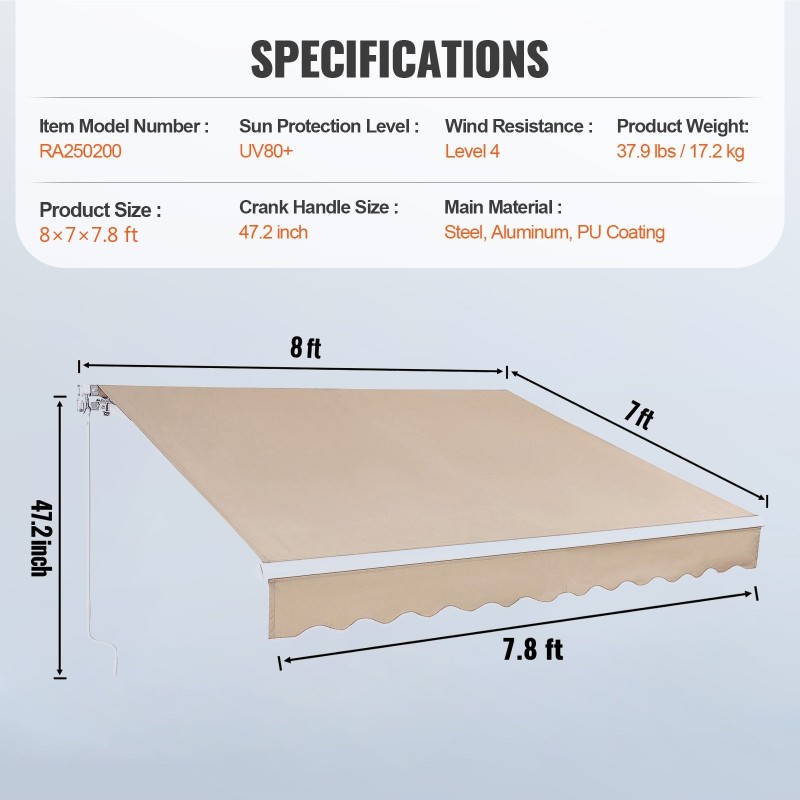 Manuaalinen sisäänvedettävä markiisi 280G polyesterikangas 8x7 jalkaa terassille parvekkeelle