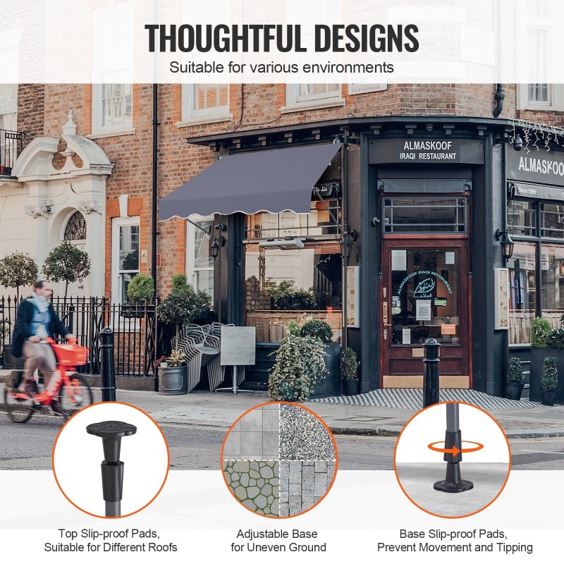 Teleskooppinen terassikatos teräsrunko 150x120cm säädettävä korkeus 86–122 tuumaa kampikahva tumma harmaa