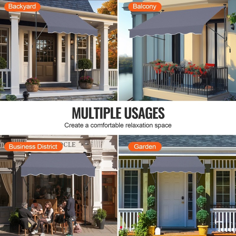 Teleskooppinen terassikatos teräsrunko 150x120cm säädettävä korkeus 86–122 tuumaa kampikahva tumma harmaa