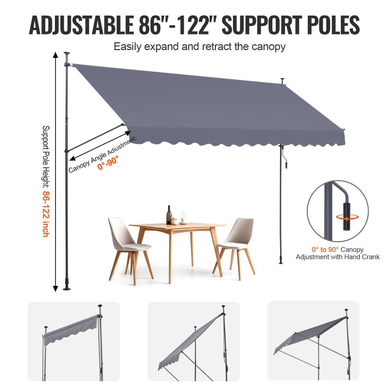 Säädettävä terassimarkiisi teräsrunko 400 x 120 cm korkeus 218–310 cm kampikahva tummanharmaa