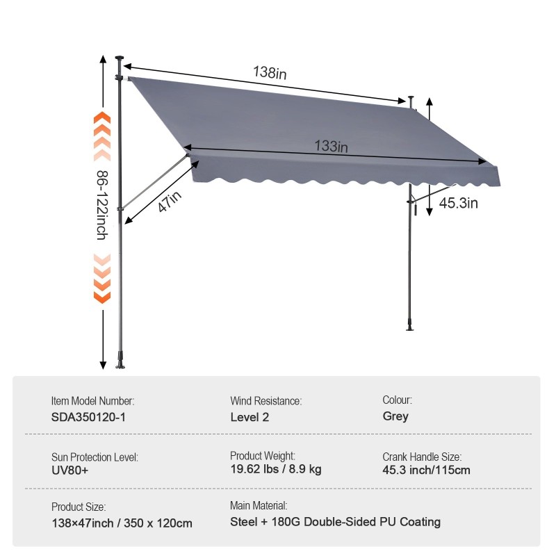 Terassimarkiisi teräsrunko käsikäyttöinen kampi 350x120 cm säädettävä korkeus 86–122 tuumaa harmaa