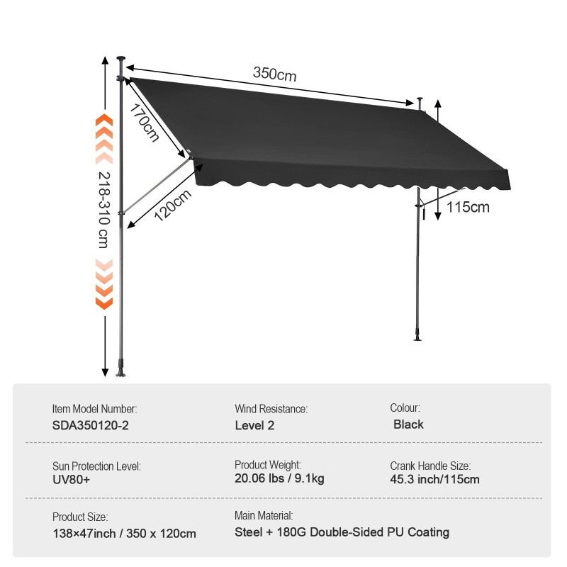 Säädettävä terassimarkiisi teräsrunko 350 x 120 cm PU-pinnoitettu UV-suojattu musta