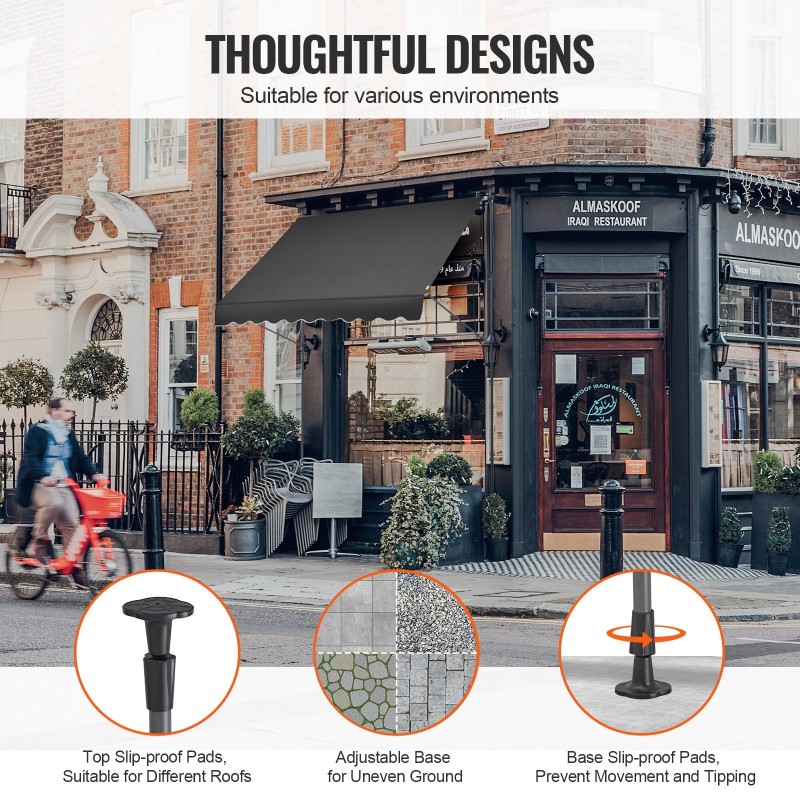 Ulosvedettävä terassimarkiisi 250×120 cm teräsrunko PU-pinnoite käsikampi säädettävä 218–310 cm musta