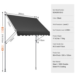 Ulosvedettävä terassimarkiisi 250×120 cm teräsrunko PU-pinnoite käsikampi säädettävä 218–310 cm musta