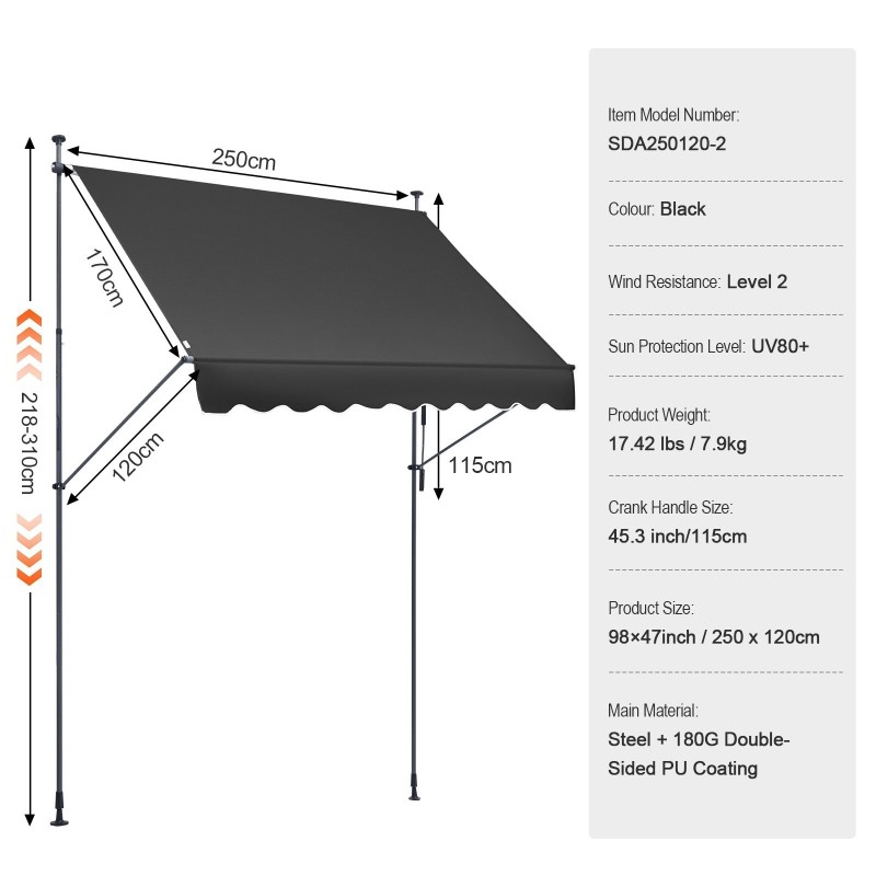 Ulosvedettävä terassimarkiisi 250×120 cm teräsrunko PU-pinnoite käsikampi säädettävä 218–310 cm musta