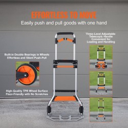 Taittuva kuljetusvaunu alumiiniseosrunko 140 kg kantavuus kolmiasentoinen teleskooppikahva hiljaiset pyörät