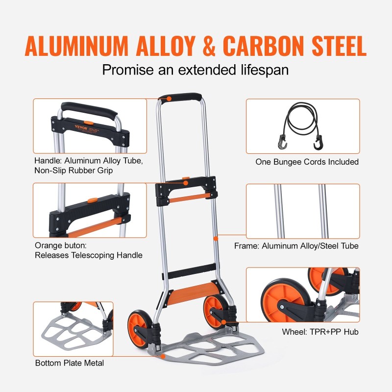 Nokkakärry kokoontaittuva alumiiniseosrunko 124,7 kilogramman kantavuus teleskooppikahva kumipintaiset pyörät