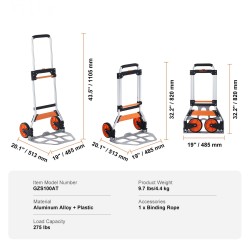 Nokkakärry kokoontaittuva alumiiniseosrunko 124,7 kilogramman kantavuus teleskooppikahva kumipintaiset pyörät