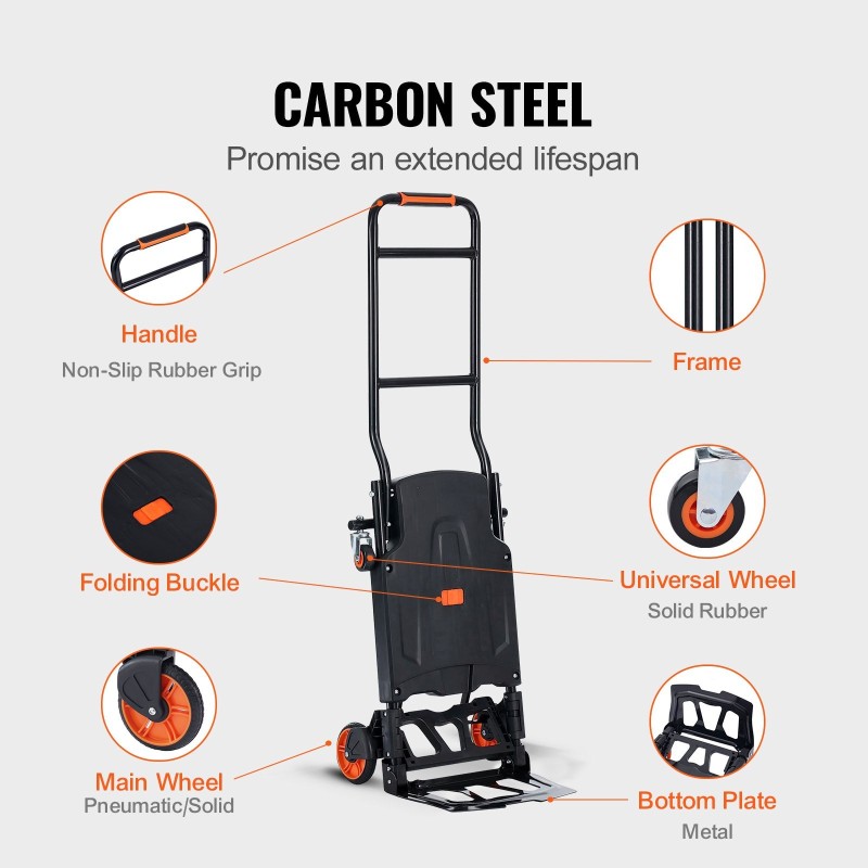 Nokkakärry alumiiniseos ja hiiliteräs 2-in-1-rakenteinen taitettava kumipyörillä 136,1 kg