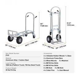 Käsikärry taittuva kaksitoiminen ja tasokärry alumiini- ja hiiliteräsrunko 454 kg kantavuus
