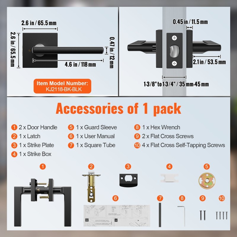 Sisäoven painikesetti 10 kpl sinkkiseos mattamusta yksityislukolla käännettävä 45 asteen