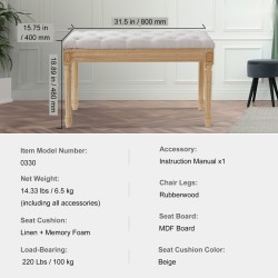 Verhoiltu penkki pellavakangas muistivaahto napitettu istuin 80x40x48 cm kumipuiset jalat beige