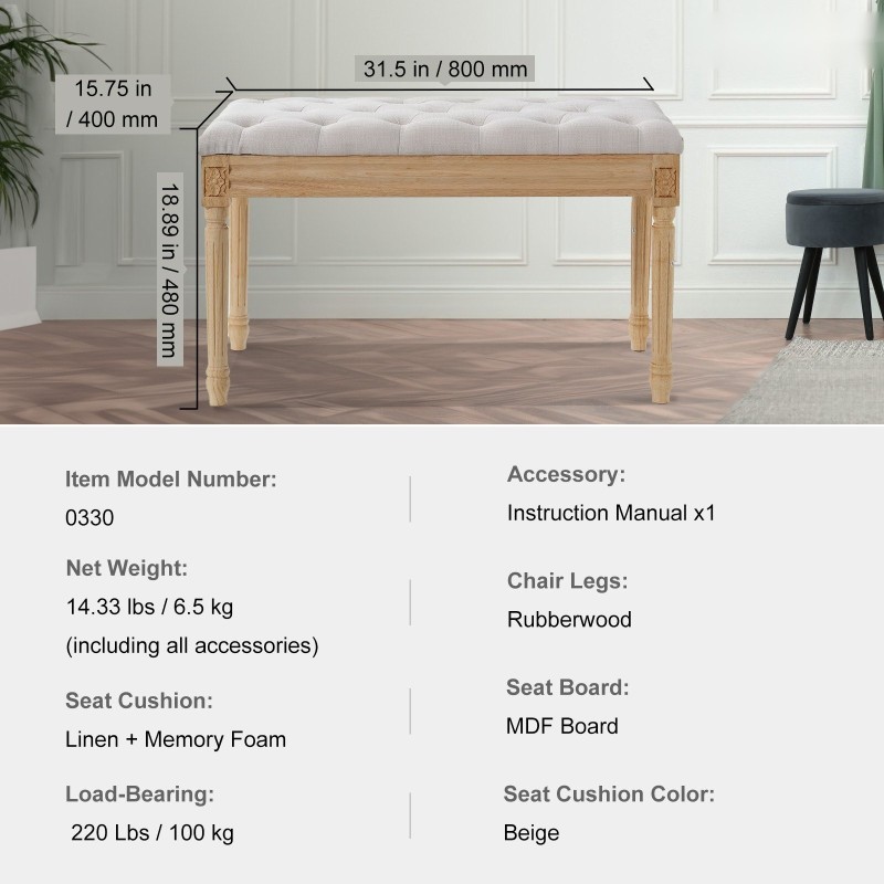 Verhoiltu penkki pellavakangas muistivaahto napitettu istuin 80x40x48 cm kumipuiset jalat beige