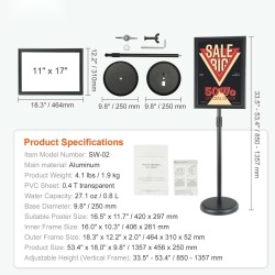 Julisteteline alumiinirunko 11 x 17 tuuman julisteille säädettävä korkeus vesitäytettävä jalusta musta