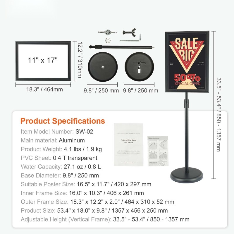 Julisteteline alumiinirunko 11 x 17 tuuman julisteille säädettävä korkeus vesitäytettävä jalusta musta