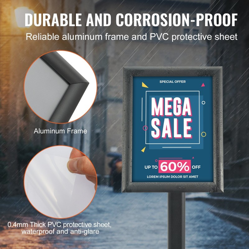 Jalallinen kyltinpidike alumiinirunko metallipohjalla 8.5 x 11 tuuman julisteille kallistettava säänkestävä