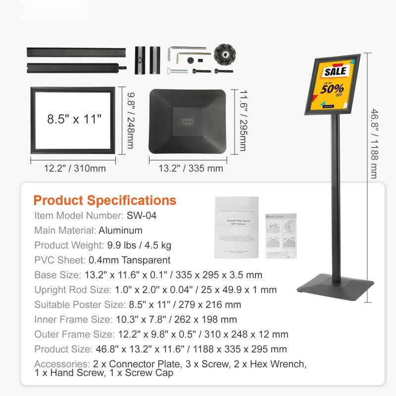 Jalallinen kyltinpidike alumiinirunko metallipohjalla 8.5 x 11 tuuman julisteille kallistettava säänkestävä