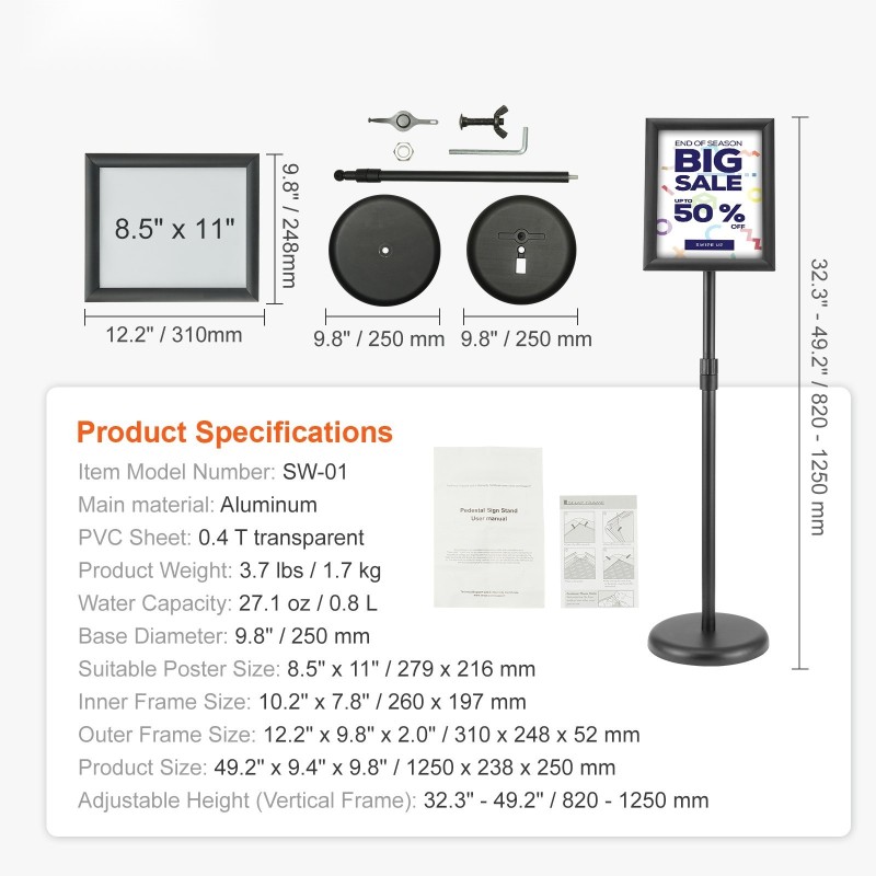 Jalallinen kyltinpidike alumiinirungolla 8,5×11 tuuman julisteille korkeussäädöllä vesitäytettävällä jalustalla kääntyvällä