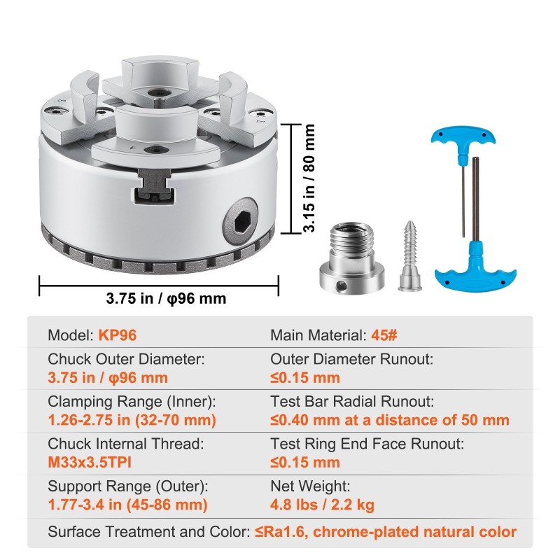 nelileukainen itsestään keskittävä sorvi-istukka teräs yhdeksänkymmentäkuusi millimetriä