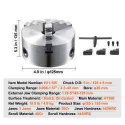 3-leukainen itsesäätyvä valurautainen sorvin istukka 125 mm