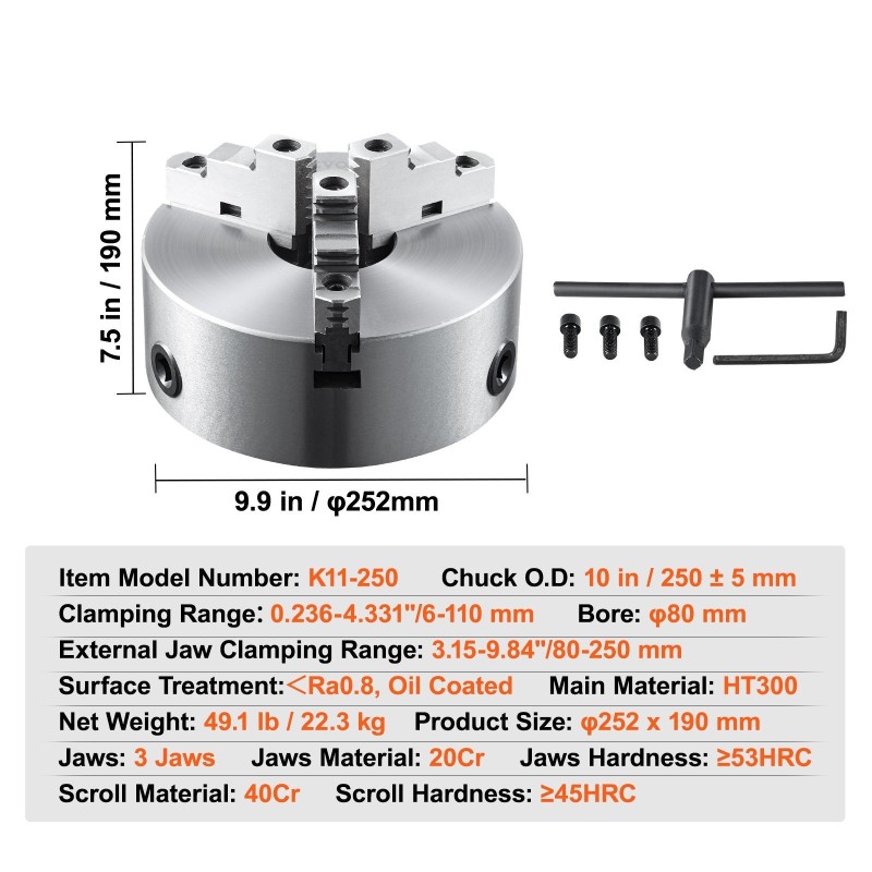 3-leukainen itsesäätyvä sorvin istukka 10 tuuman HT300 valurakenne 6-250 mm
