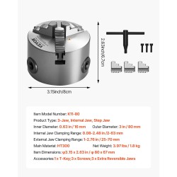 3-leukainen itsesäätyvä sorvin istukka HT300 80 mm puristusalue 2–63 mm