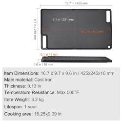 Valurautainen esimaustettu kaksipuoleinen paistolevy 425x246 mm sopii kahdelle polttimelle