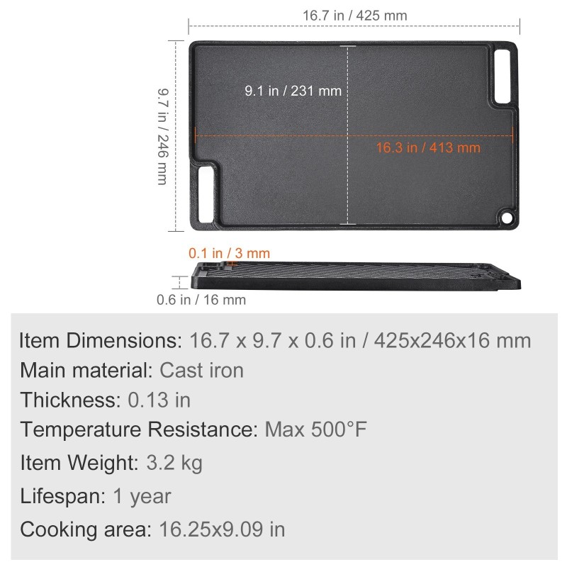 Valurautainen esimaustettu kaksipuoleinen paistolevy 425x246 mm sopii kahdelle polttimelle