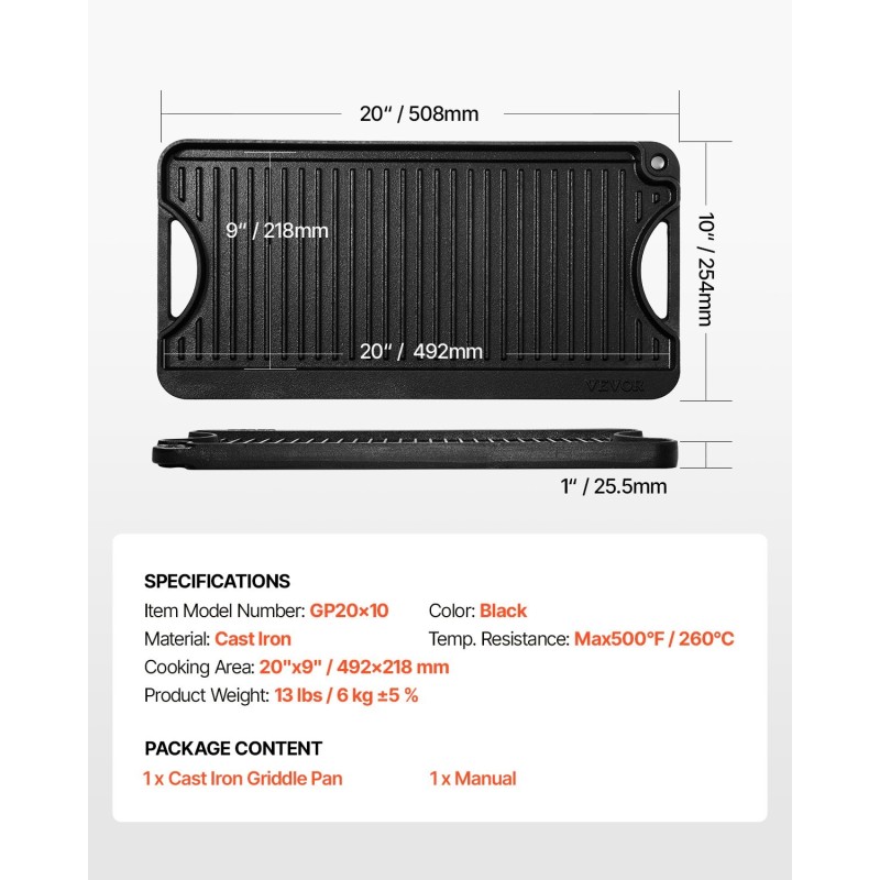 Valurautaparila 20x10 tuumaa esimaustettu kaksipuolinen kahvallinen musta