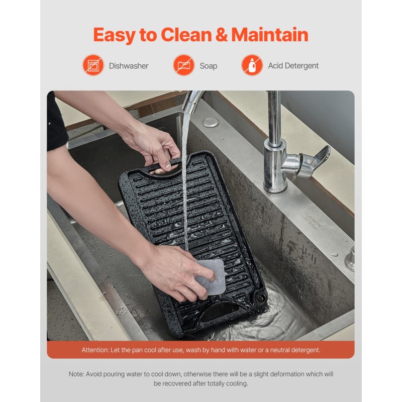 Valurautainen grilliparila 14x8,5 tuuman esimaustettu kaksipuolinen kahvalla musta