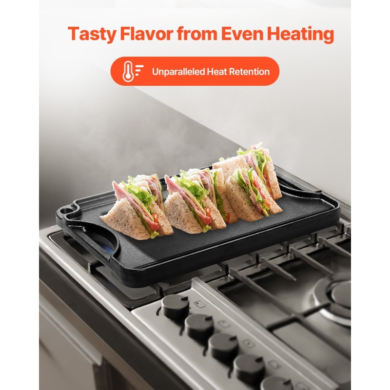 Valurautainen grilliparila 14x8,5 tuuman esimaustettu kaksipuolinen kahvalla musta