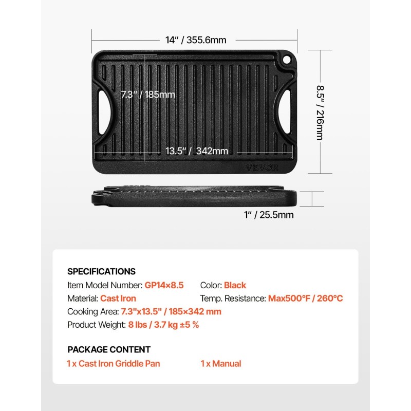 Valurautainen grilliparila 14x8,5 tuuman esimaustettu kaksipuolinen kahvalla musta