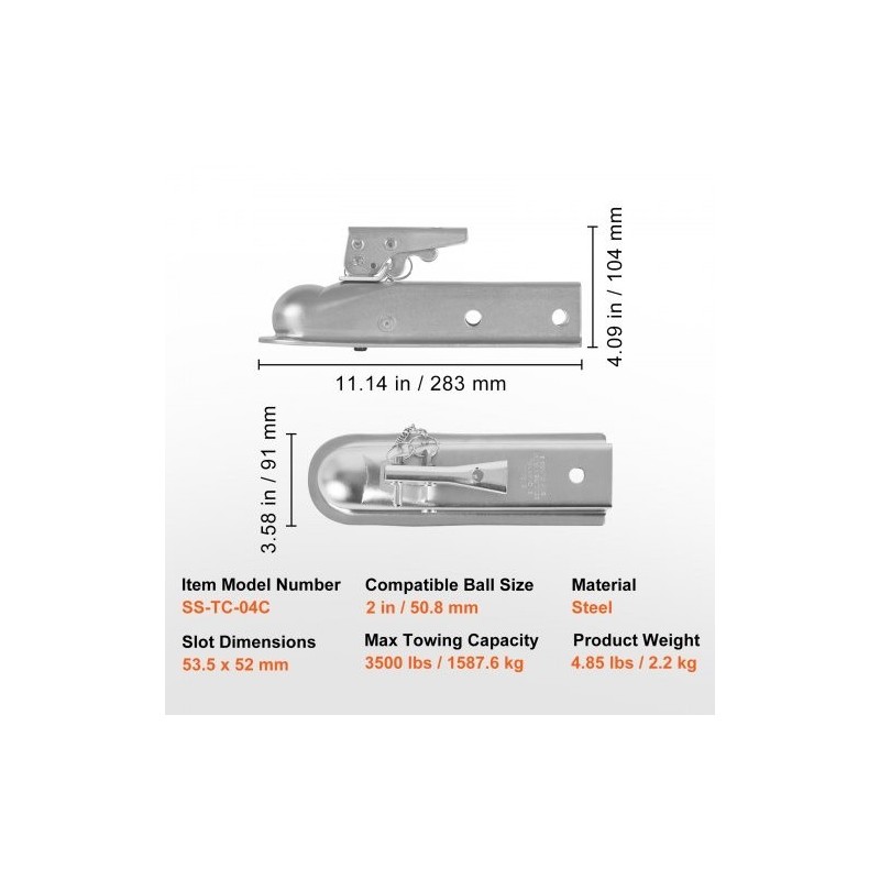 Perävaunun suora vetokytkin teräs 2 tuuman kuulalle ja aisaprofiilille 1587,6 kg sinkitty