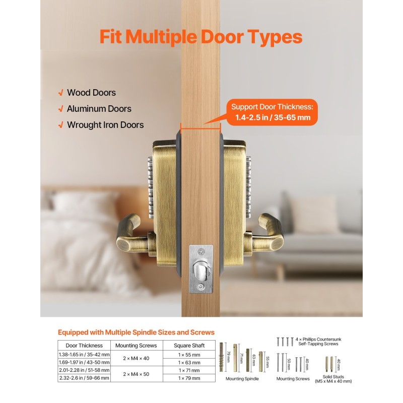 Mekaaninen näppäinlukko 14 näppäintä kahvalla sinkkiseosrunko säänkestävä oville 35–65 mm