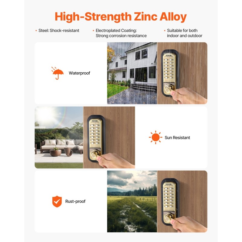 Mekaaninen näppäinlukko 14 näppäintä kahvalla sinkkiseosrunko säänkestävä oville 35–65 mm