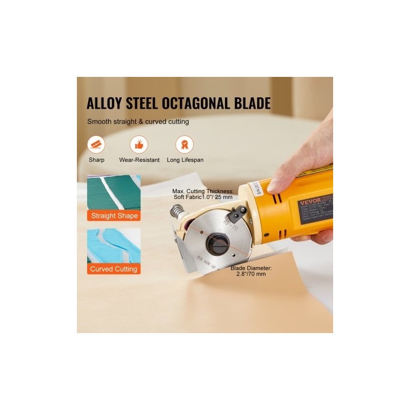 Sähköinen käsikäyttöinen kangasleikkuri 170 W 70 mm seosteräterä 25 mm leikkuupaksuus